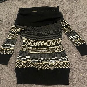 Off-Shoulder Striped Knit Sweater in Black, Grey, and Cream